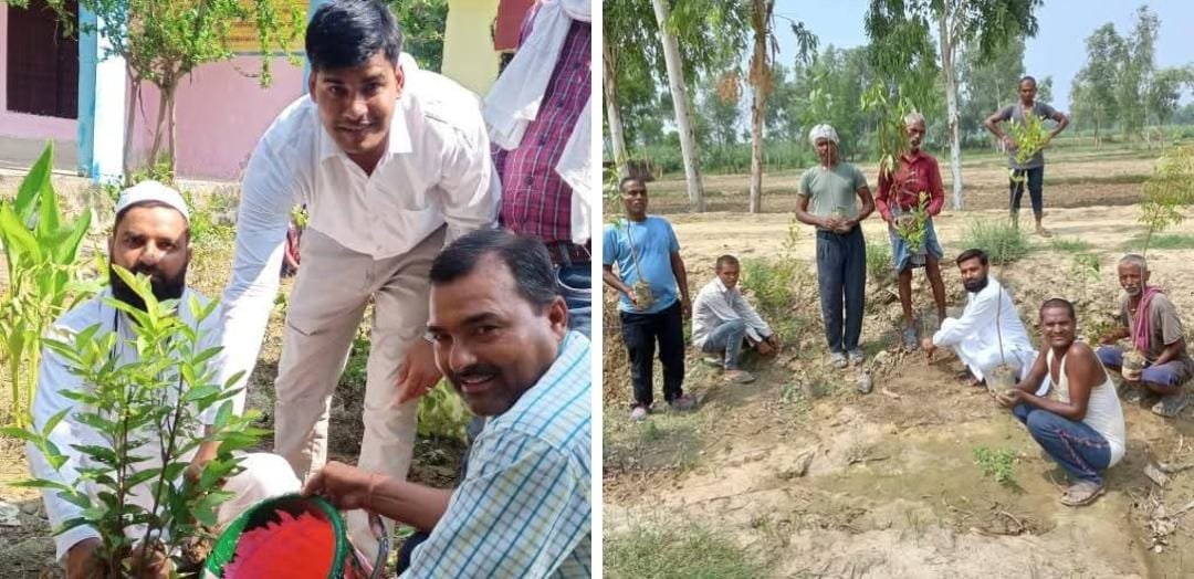 ग्राम प्रधान अजीमुद्दीन खां ग्रामीणों के साथ पौधारोपण करते हुए, "एक पेड़ मां के नाम" अभियान के तहत