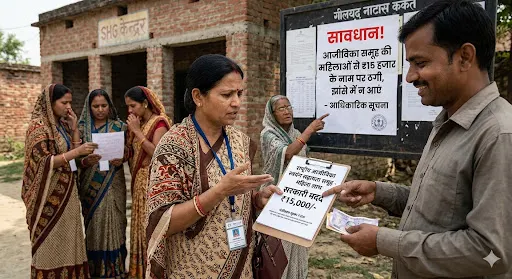 A woman shows a man a document for 15,000 rupees in aid next to a warning poster about financial fraud